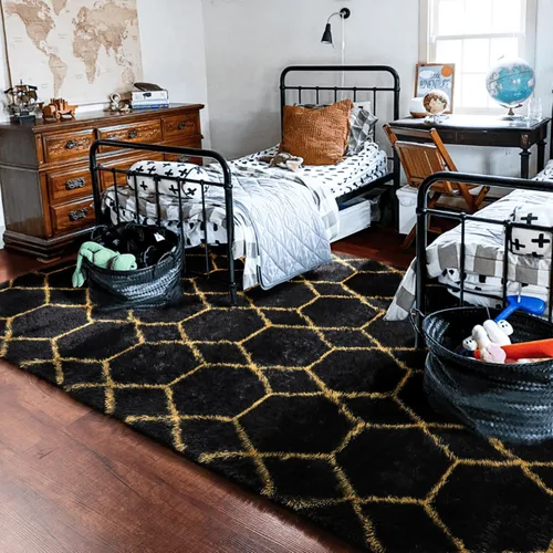 Miniatura 8 de ONASAR Alfombras de 5 x 8 pies para sala de estar, dormitorio, alfombra de área lavable esponjosa negra y dorada, alfombra geométrica bohemia de 2
