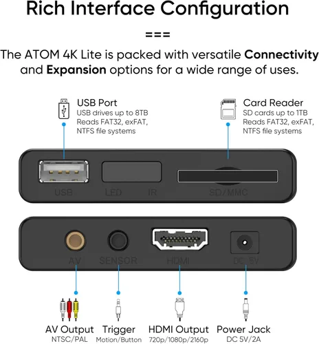 Miniatura 7 de NEUMI Atom 4K Lite Reproductor multimedia digital Ultra-HD para unidades USB y tarjetas SD, reproduce videos 4K/UHD, HEVC/H.265, HDMI y AV