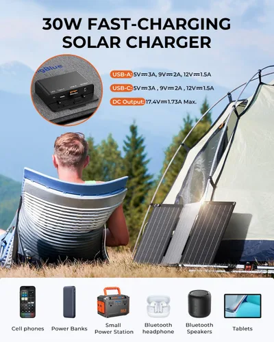 Miniatura 2 de Cargador de panel solar BigBlue de 30 W [Actualizado] con carga rápida USB-A y USB-C, puertos DC, SolarPowa 30 panel solar portátil, resistente al