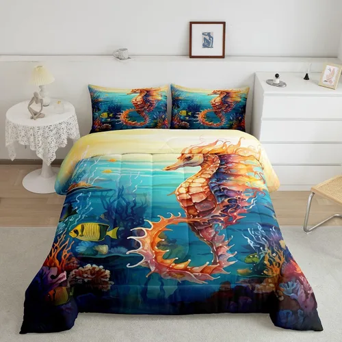 Miniatura 38 de Erosebridal Juego de edredón de ballena náutica, tamaño individual, juego de ropa de cama vintage azul con ondas oceánicas para niños y niñas