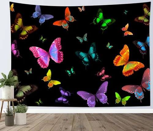 Miniatura 14 de LB Tapiz de mariposa colorido para colgar en la pared, diseño de mariposas de insectos sobre fondo negro, tapiz hippie de fantasía para dormitorio
