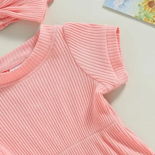 Miniatura 83 de Traje de verano para niña pequeña, de manga corta, acanalado, overol liso, pantalones cortos, ropa para recién nacidos