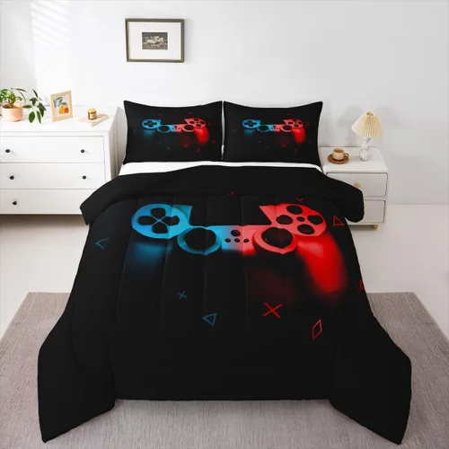 Miniatura 50 de Juego de edredón de videojuegos para niños, niñas y hombres, juego de ropa de cama con estampado de consola de videojuegos negro, decoración