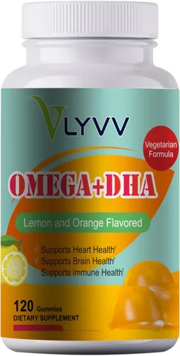 Omega Plus DHA, para adultos y niños, sabor a limón -120 gomitas - Omega 3, 6, 9 y DHA - Promueve la salud del cerebro y el corazón - Veggie - 40