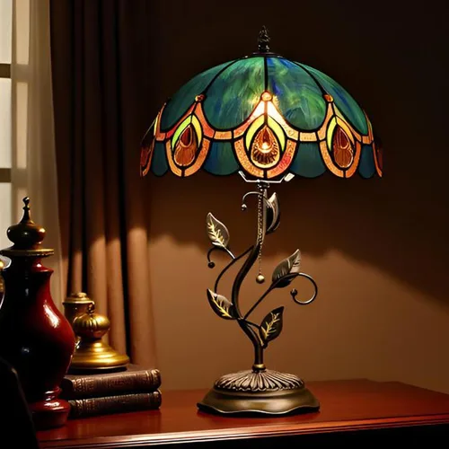 Miniatura 7 de Lámpara de mesa Tiffany, lámpara de escritorio estilo vidrio manchado, 12X12X19 Pulgadas, luz de lectura de mesita, base de hoja de metal
