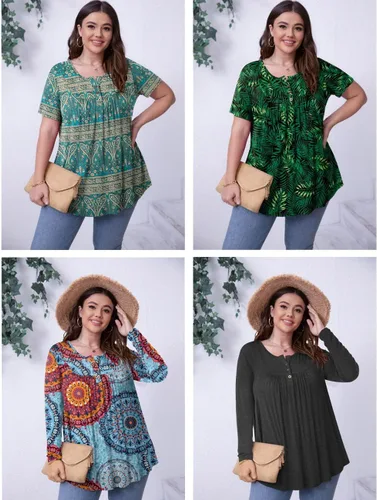 Miniatura 5 de BISHUIGE Blusas plisadas de manga corta con cuello en V para mujer, talla grande, estilo Henley, con botones