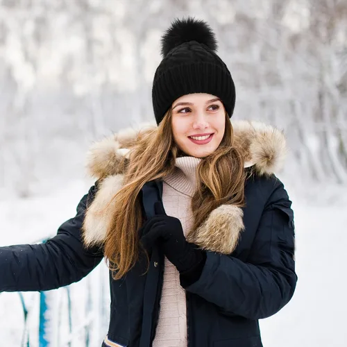 Miniatura 4 de Livingston Gorro de punto suave de invierno para mujer con pompón de piel sintética