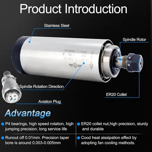 Miniatura 4 de RATTMMOTOR Motor CNC 2.2KW Motor de husillo refrigerado por aire 220V 3.150 in Motor ER20 Collet 3HP 24000RPM husillo de alta velocidad 8A 400Hz