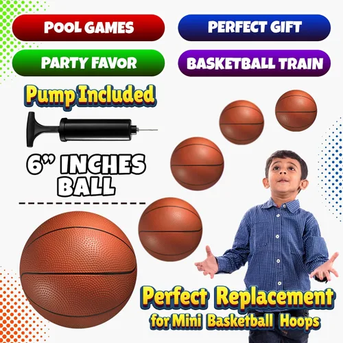 Miniatura 5 de Mini Basketball Set for Kids - 6 Inch (5 Pack) w/Hand Pump - Small Size Indoor Mini Hoop Balls for Toddlers - Over The Door Basketball Games, Indoor
