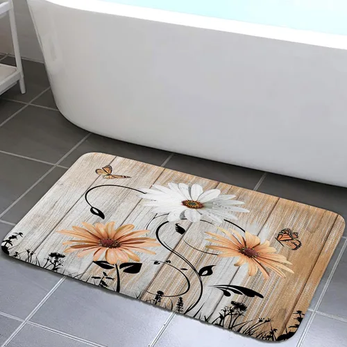 Miniatura 5 de Alfombra de baño rústica blanca floral, flores y mariposas en tabla de madera vieja, antideslizante, juego de alfombras de baño vintage