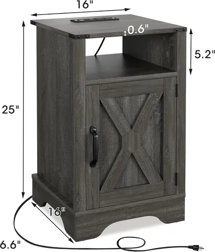 Miniatura 2 de FansaFurn Estación de carga para mesita de noche, mesa auxiliar alta de granja para dormitorio, sala de estar, 16 pulgadas de profundidad x 16 Gris