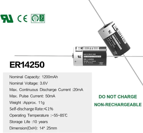 Miniatura 2 de EEMB Paquete de 4 baterías de litio ER14250 1/2AA 3.6V con pestañas de soldadura AX Li-SOCL₂ Batería no recargable XL-050F SB-AA02 LS14250 TL-5902