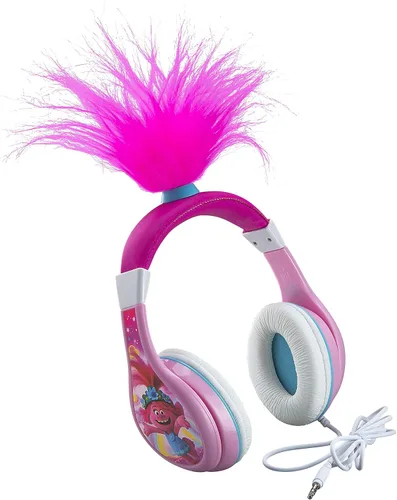 Trolls World Tour Poppy - Auriculares para niños, brillan en la oscuridad, sonido estéreo, conector de 0.138 in, auriculares con cable para niños,