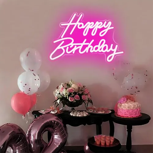 Miniatura 6 de Letrero LED de neón de feliz cumpleaños, luz nocturna, decoración de fiesta de cumpleaños, funciona con USB, color rosa, funciona con USB