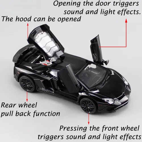 Miniatura 2 de iLooboo Vehículo de juguete coleccionable de aleación Aventador negro con luces y sonido