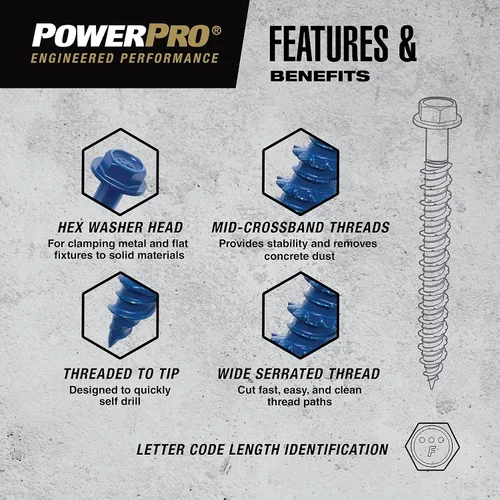 Miniatura 4 de Power Pro Anclajes de tornillo de hormigón con cabeza hexagonal azul (1/4" x 1-3/4") - 100 piezas