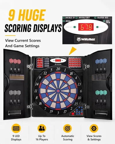 Miniatura 2 de WIN.MAX Electronic Dart Board, Soft Tip Dartboard Cabinet Set for Adults, LED Scoring Dartboard with 38 Games & 211 Variants, Up to 16 Players, 12