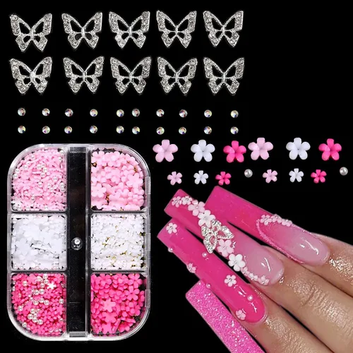 Miniatura 8 de Abalorios de uñas con flores 3D, flor acrílica rosa pastel 3D para uñas, cuentas de caviar doradas, decoración de uñas, kit de diamantes