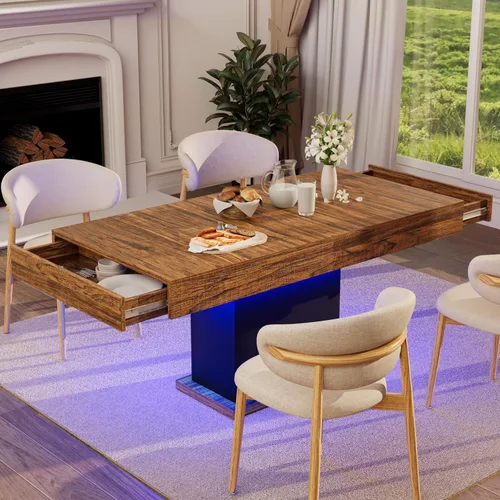 Mesa de comedor de 55 pulgadas para 4 a 6 personas, mesa de comedor de madera de granja con cajones y luces LED para cocina, comedor y sala de estar