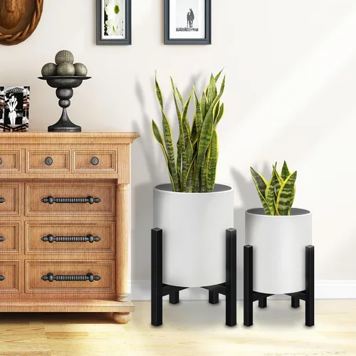Miniatura 8 de Juego de 2 macetas con soportes, macetas de mediados de siglo para plantas de interior, macetas decorativas modernas para flores para balcón, Blanco