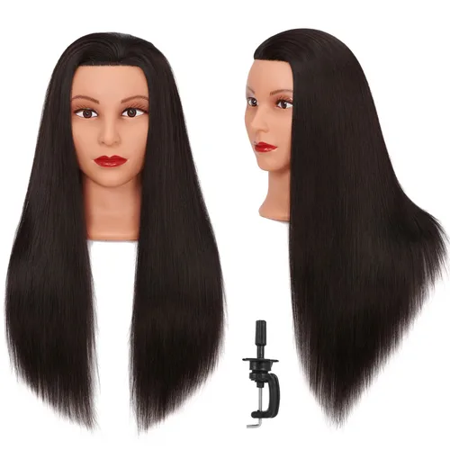 Miniatura 9 de Cabeza de maniquí 26-28" Cabeza de maniqui de fibra sintética Yaki para peluquería, modelo de entrenamiento de cosmetología, cabeza de muñeca