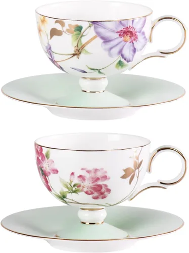 Miniatura 14 de KAMMAK Juego de 2 tazas de café de cerámica, tazas de café de porcelana con platillos, 6.52 onzas hechas a mano, elegante taza de té de porcelana