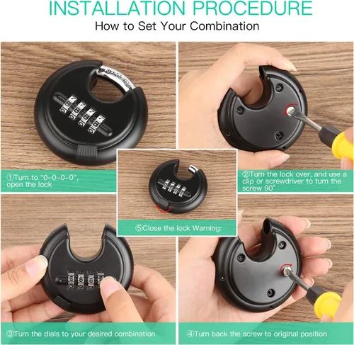 Miniatura 8 de DELSWIN Cerradura de combinación de disco de 4 dígitos para exteriores, candados de combinación resistentes con grillete de acero endurecido Negro 2
