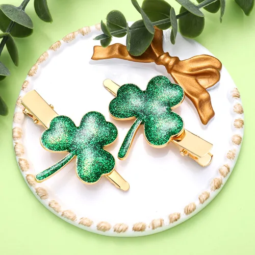 Miniatura 3 de Pinzas para el cabello del Día de San Patricio con diamantes de imitación con purpurina de hoja verde para mujer, pinzas para el pelo de trébol