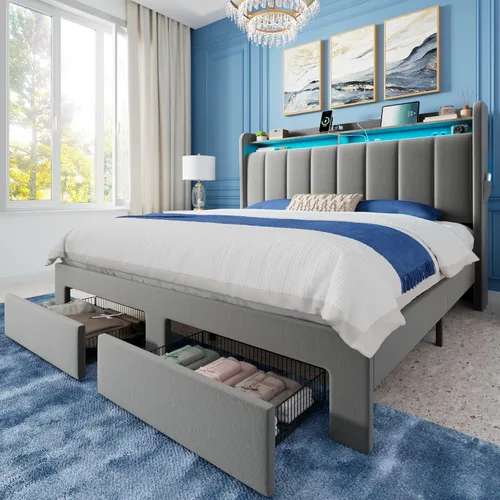 Miniatura 10 de Allewie - Base de cama con plataforma de tamaño Queen, tapizada, con cabecero acolchado con botones verticales, 2 niveles de almacenamiento con Gris