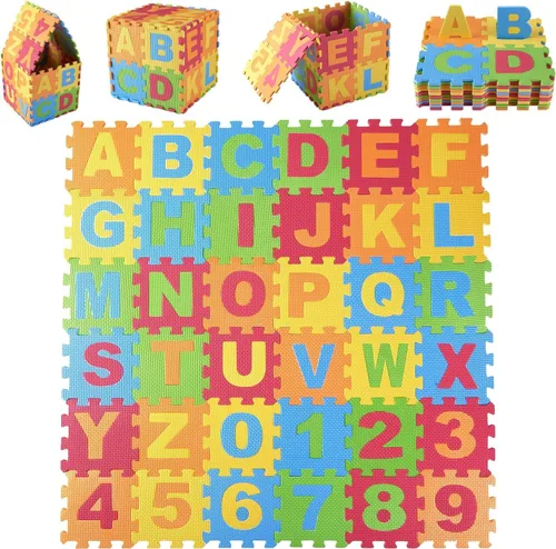 Miniatura 2 de DIMPLE Tapete de juego de espuma para niños (72 piezas en total) 6.25 x 6.25 pulgadas entrelazados del alfabeto y los números, rompecabezas de suelo