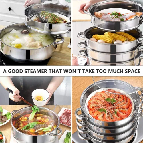 Miniatura 2 de Olla de acero inoxidable para albóndigas vegetales, olla de vapor multifuncional de 4 niveles para cocinar, diámetro de 11.0 in, juego de brillo