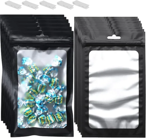 Miniatura 31 de 400 bolsas de Mylar resellables de 4 x 5 pulgadas, color negro, para almacenamiento de alimentos, bolsa resellable de Mylar con ventana transparente