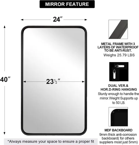 Miniatura 2 de ANDY STAR Espejo de tocador de baño de 24 x 40 pulgadas, espejo de baño rectangular redondeado negro en tubo de 1 pulgada, marco de metal, montaje
