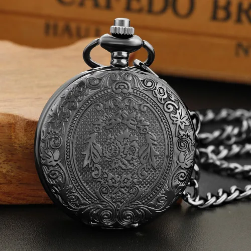 Miniatura 4 de Large Decorative Flower Pattern White Roman Numeral Scale Quartz Pocket Watches for Men with Chain