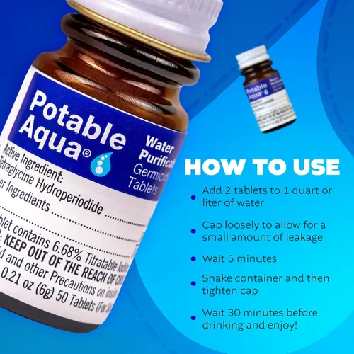 Miniatura 5 de Tabletas de purificación de agua Potable Aqua, solución portátil y efectiva para la purificación de agua para camping, senderismo, emergencias