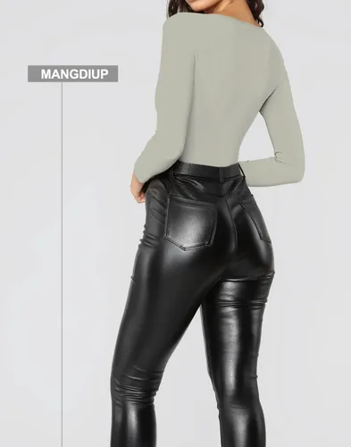Miniatura 74 de MANGDIUP Body esencial para mujer, cuello redondo, manga larga, ajustado, elástico, de algodón y elastano