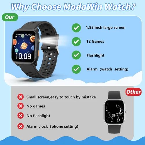 Miniatura 6 de Reloj inteligente para niños con juegos de rompecabezas, relojes para niños de 1.83", monitor de ritmo cardíaco, monitor de sueño, podómetro, reloj