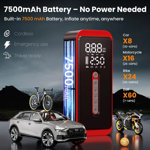 Miniatura 4 de ROTOPATA Inflador de neumáticos inalámbrico para neumáticos de automóvil, compresor de aire portátil de 150 PSI con batería de 7500 mAh, medidor