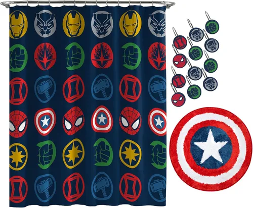 Jay Franco Marvel Avengers Shields - Juego de baño de 14 piezas, incluye cortina de ducha, 12 ganchos y alfombra de baño antideslizante, tela de