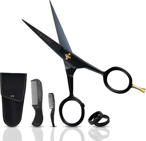 Miniatura 8 de Ontaki Tijeras para recortar barba y bigote, 5 pulgadas, color plateado, paquete de 1, kit de cuidado de bigote con peine de viaje, bolsa de viaje
