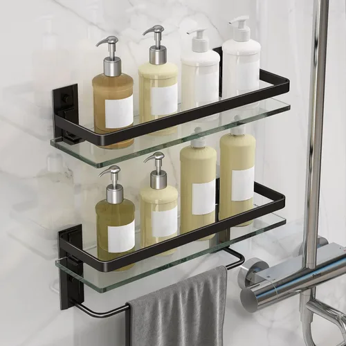 Miniatura 2 de Danpoo Estantes de baño montados en la pared, estante de vidrio templado transparente con toallero, soporte para toallas de mano (negro mate)