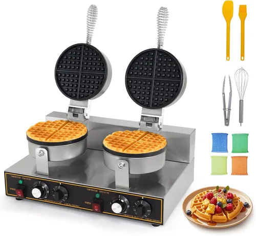 Dyna-Living Máquina de gofres doble de 2400 W, para restaurante, antiadherente, redonda, waflera comercial, máquina de gofres grande para hotel,