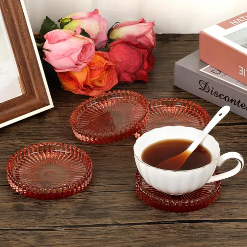 Miniatura 5 de JUXYES Juego de 5 posavasos de cristal tono ámbar redondos, tapetes para tazas de vidrio para bebidas, café, té, vino, posavasos decorativos