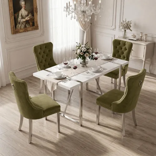 Miniatura 27 de Juego de mesa de comedor negra para 4, parte superior negra brillante de 55 pulgadas con patas de metal dorado, juego de mesa de comedor moderno