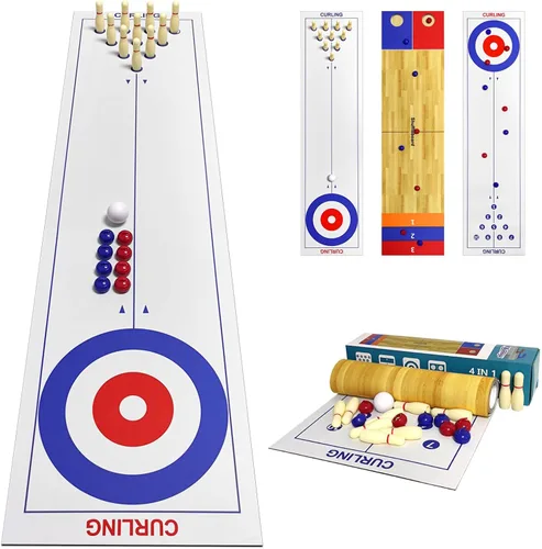 Juego de mesa 4 en 1 para rizar, tejo, bolos y cornhole, juego familiar de 47 pulgadas para todas las edades, fácil configuración y diseño compacto,