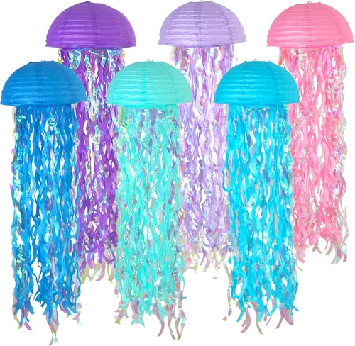 Miniatura 7 de 6 paquetes de linternas de papel de medusa con deseos de sirena colgantes, tema de cielo azul degradado y océano azul, suministros de fiesta