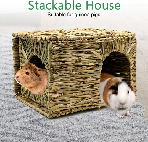 Miniatura 5 de BWOGUE Casa de césped grande para conejillos de indias, cabaña de paja tejida a mano, plegable, cama escondite de animales pequeños con aberturas
