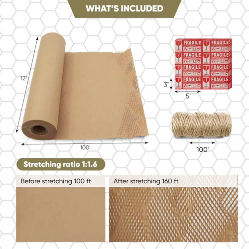 Miniatura 4 de Papel de embalaje de panal de 12 x 100 pies para suministros de mudanza con 24 calcomanías frágiles y cordel de yute de 100 pies.