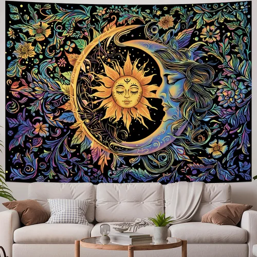 Miniatura 3 de Tapiz de sol y luna, psicodélico, místico, floral, hippie, bohemio, flores, tapices de pared, tapices estéticos vintage para colgar en la pared