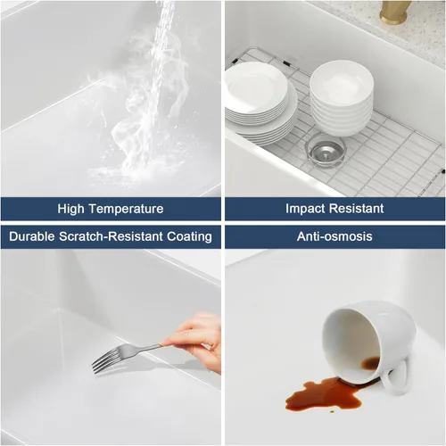 Miniatura 5 de Lordear Fregadero de Cocina Estilo Granja de 36 Pulgadas Blanco de Arcilla Refractaria Porcelana Cerámica Tazón Único Frente de Delantal Fregadero